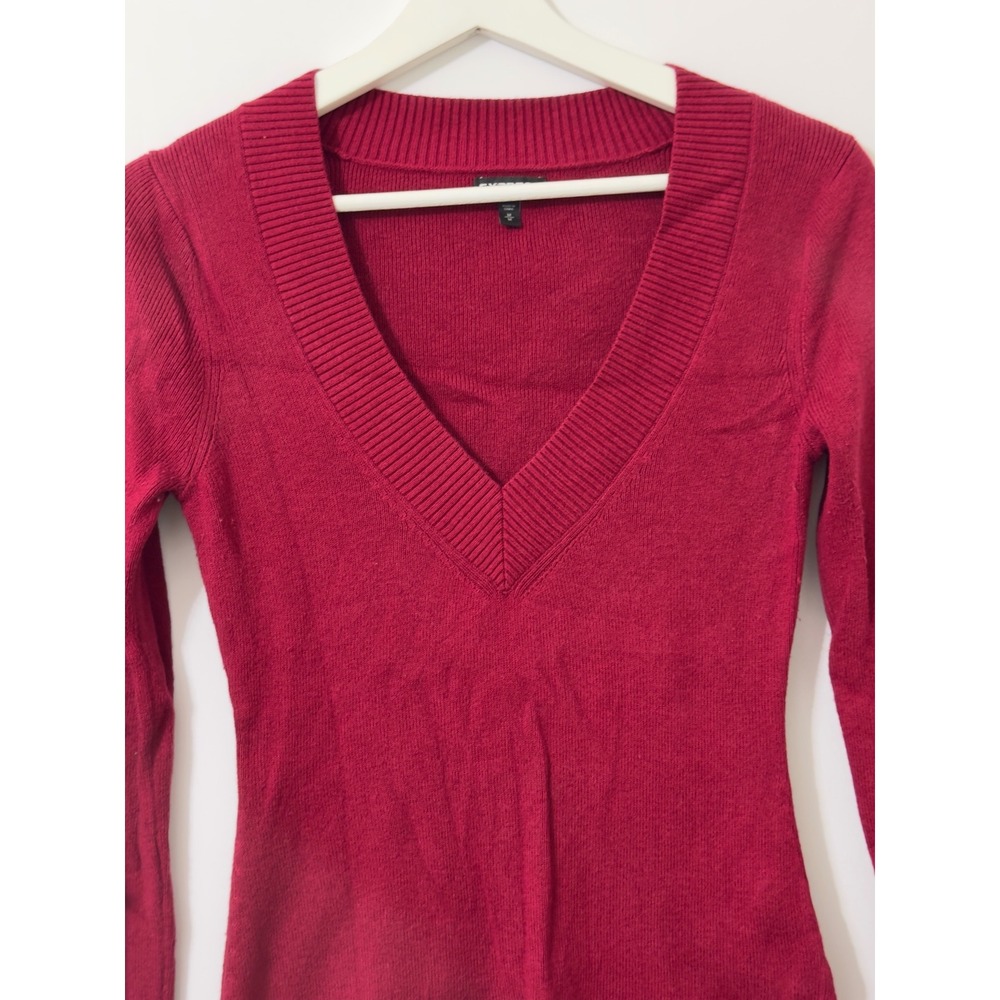 Express V-Neck Sweater Womens Y2K Medium Berry Red Slim Fit Ribbed Knit - Picture 4 of 9